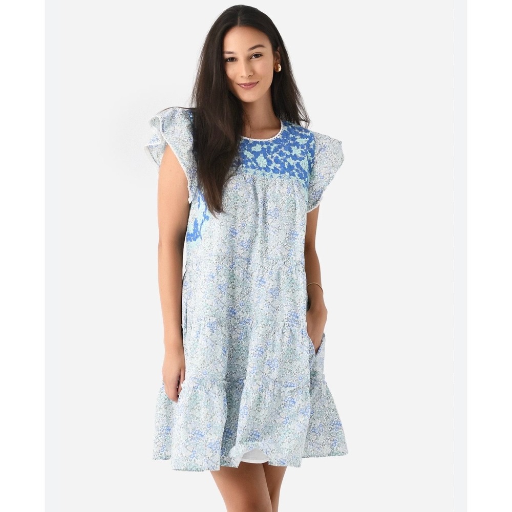 J.Marie The Meadows Floral Tiered Mini Dress Embroidered Flutter Sleeve Large